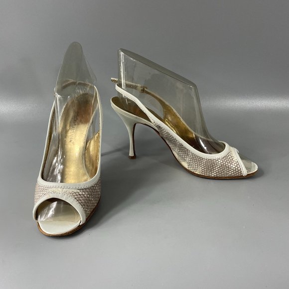 Dolce & Gabbana Women's High Heel Embossed Slingback Peep Toe Sandals, 37.5 - Picture 1 of 12